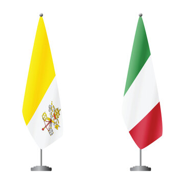 Vatican and Italy flags on flagpoles for official ceremonies and meetings, transparent background vector
