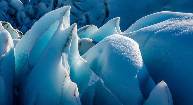 Close up view of sharp blue glacier ice formations in winter.