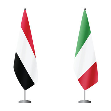 Yemen and Italy flags on flagpoles for official ceremonies and meetings, transparent background vector