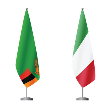 Zambia and Italy flags on flagpoles for official ceremonies and meetings, transparent background vector