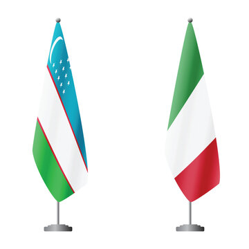 Uzbekistan and Italy flags on flagpoles for official ceremonies and meetings, transparent background vector