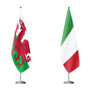 Wales and Italy flags on flagpoles for official ceremonies and meetings, transparent background vector
