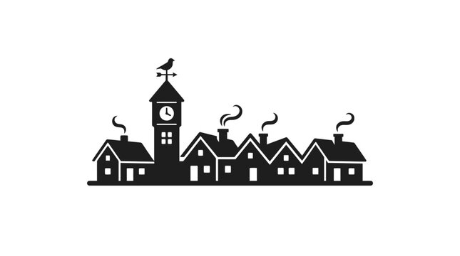 A minimalist black silhouette of a small village with a clock tower