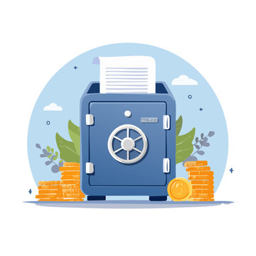 Flat illustration of a safe with coins and document