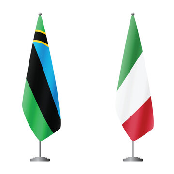 Zanzibar and Italy flags on flagpoles for official ceremonies and meetings, transparent background vector