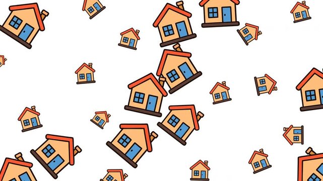 Pattern of colorful houses scattered across transparent background, symbolizing neighborhood, comfort, home, warmth, and community together.