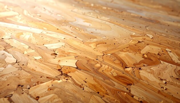 OSB wood particle board texture, high angle close-up for construction background, realistic photo with warm natural lighting on textured wood surface.