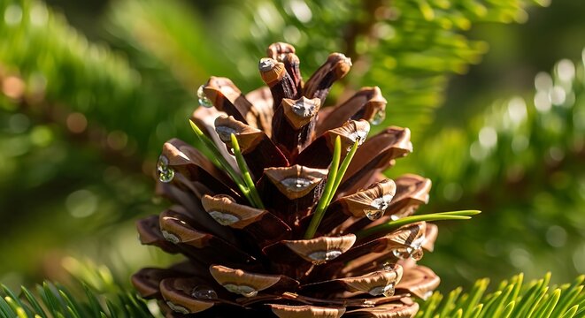 Close-up of a Pine Cone on a Green Evergreen Tree Branch.