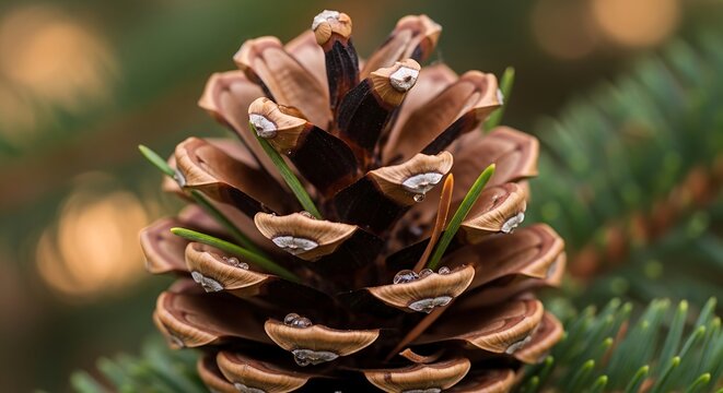 Close-up of a Pine Cone with Water Droplets on a Green Background.
