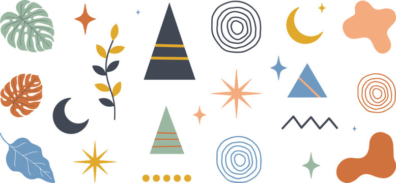 Boho Abstract Geometric Shapes and Elements Set with Mystic Moon Stars Monstera Leaves and Fluid Organic Blobs for Trendy Modern Patterns and Logo Designs
