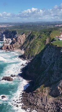 Roca Cape At Sintra In Lisbon District Portugal. Beach Landscape. Nature Seascape. Travel Destination. Roca Cape At Sintra In Lisbon District Portugal. Turquoise Water.