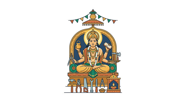 Illustration of Lord Dhanvantari seated in a traditional pose with healing attributes.