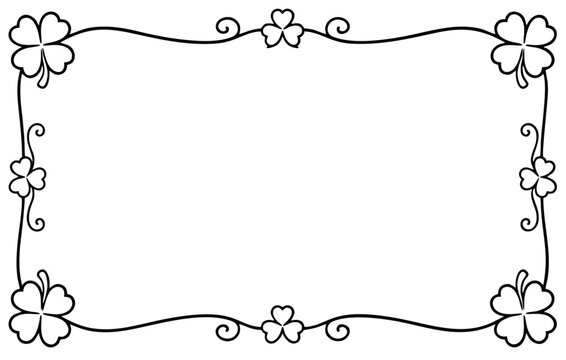 Shamrock border frame featuring decorative four leaf clovers and elegant black lines on white background
