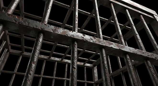 Close-up of a Rusty Prison Cell Bars Against a Black Background.