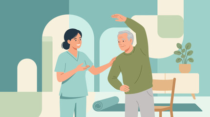 Fototapeta premium Senior man with caregiver doing stretching exercise, physiotherapy in modern room