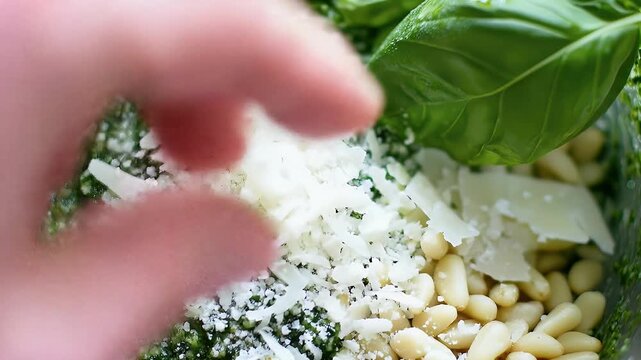Pesto ingredients basil, pine nuts, cheese, and a hand blurred above