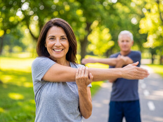 Happy middle-aged woman stretching her arm in a sunny park with an out-of-focus man in background.