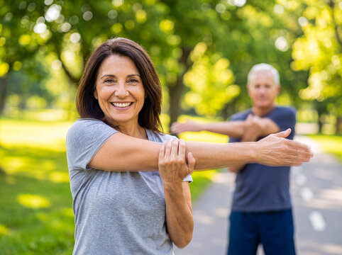 Happy middle-aged woman stretching her arm in a sunny park with an out-of-focus man in background.