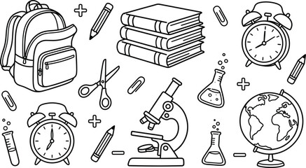 Back to School Supply Element Set with Backpack Microscope Books and Globe Vector © MstBabli
