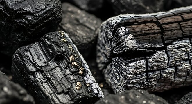 Close-up of burnt charcoal pieces.