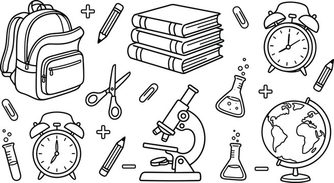 Back to School Supply Element Set with Backpack Microscope Books and Globe Vector