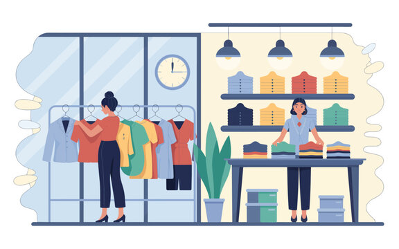 Two women interact with clothing racks and a merchandise table in a store