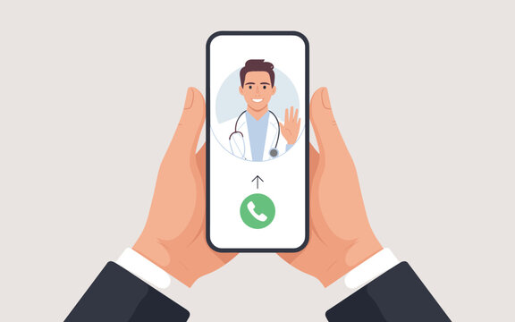 A person in a suit holds a smartphone with a doctor on the screen.