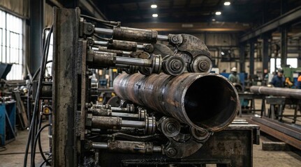 Naklejka premium Closeup medium view of heavywall pipe alignment focusing on robust machinery straightening thick tubular sections to perfect ovality and shape.