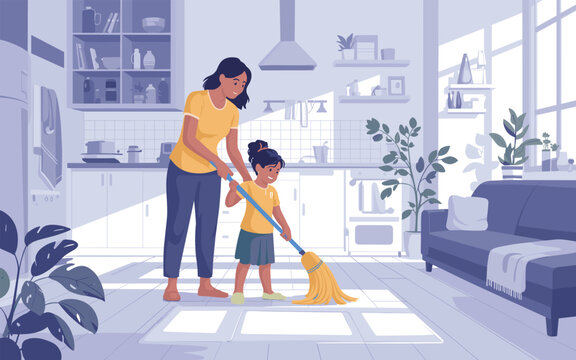 Woman and child cleaning floor with broom in modern living room