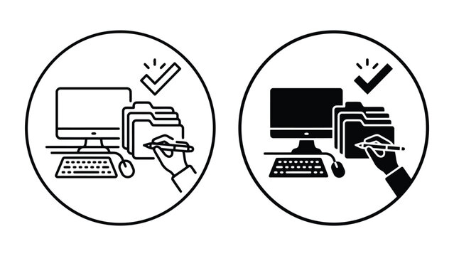 Computer file management organization and validation icon with computer