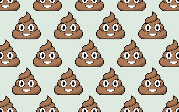 Illustration shows a pattern of poop emojis with smiling faces on a light green background