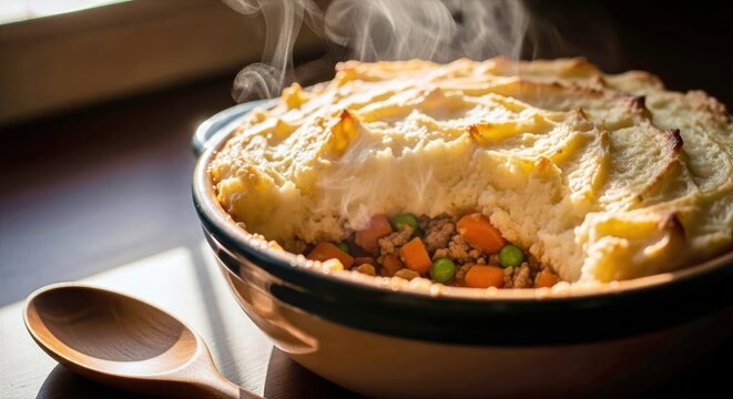Freshly Baked Savory Meat and Vegetable Pot Pie with Fluffy Potato Topping