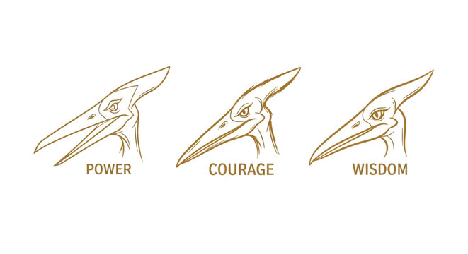 Illustrated Pterosaur Heads with Power Courage Wisdom Labels.
