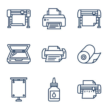 Print Shop Icons: Plotter, Printer, Scanner, Ink, Roll Paper, Banner