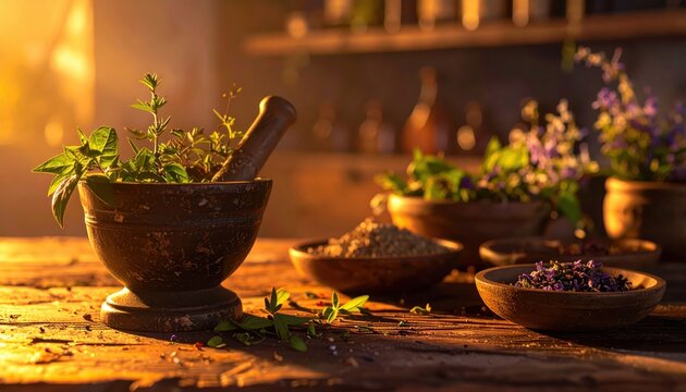 Rustic Mortar and Pestle with Fresh Herbs and Dried Ingredients on Wooden Table