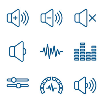 Volume Sound Icons Set: Increase, Decrease, Mute, Waveform, Equalizer, Controls
