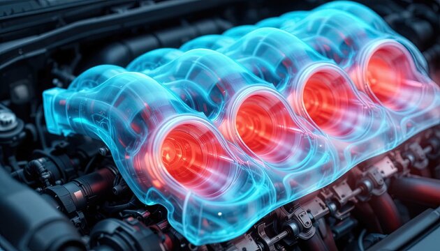 Internal combustion engine manifold glows with internal heat and energy.