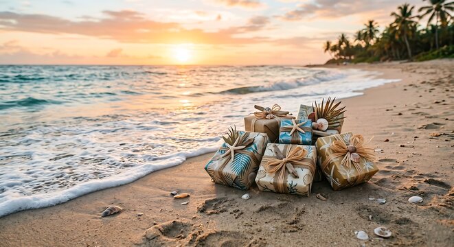 Gift box decorated with sea shell and starfish on tropical beach during sunset. Summer holiday package for vacation celebration. Creative seasonal present for beach wedding anniversary.
