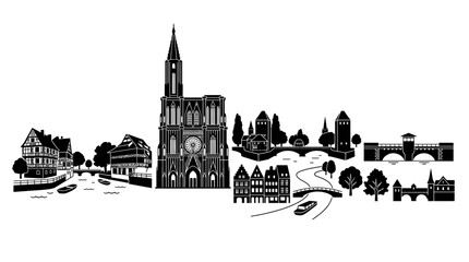 Fototapeta premium Strasbourg Skyline Silhouette, Famous Landmarks, River, Bridges, Black and White Illustration