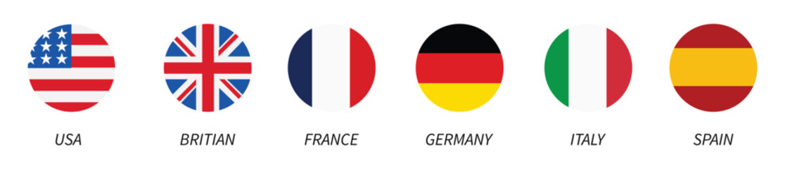 Obraz premium Collection of circular national flags representing global countries in a clean minimalist vector style