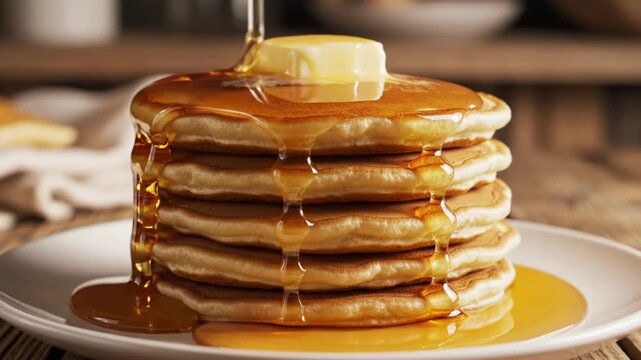Golden syrup poured over a stack of fluffy buttermilk pancakes topped with a melting butter pat on a white plate, rustic wood table background, close-up macro food photography.
