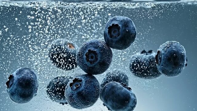 Fresh blueberries sinking through clear water in extreme macro, inside-glass perspective tracking downward as tiny air bubbles release, and rise past the lens in a crisp refreshing scene