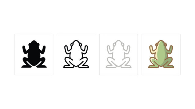 Four distinct artistic representations of a frog shown in silhouette outline and full color icons creating a visual study