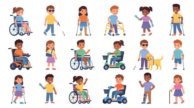 Diverse group of happy children with various physical disabilities shown in colorful flat vector illustration style for inclusive education projects
