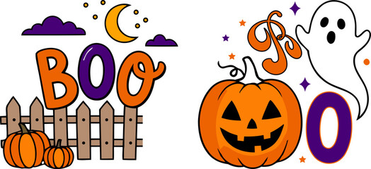 Halloween boo typography featuring crescent moon pumpkins and wooden fence vector illustration and EPS file © Aleya