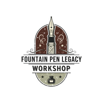 Vintage fountain pen workshop logo with inkwell and pen nib.