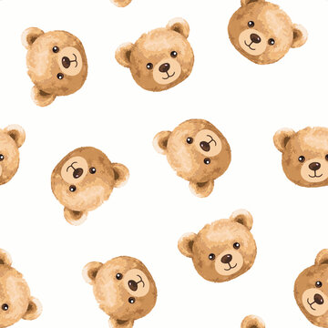 Baby teddy bear face seamless pattern white background 