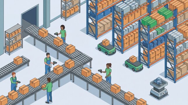 Warehouse workers scanning packages on conveyor belt in logistics center for efficient shipping
