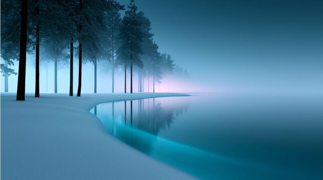 Serene Snowy Forest Lake At Dawn With Misty Reflections And Ethereal Blue Light