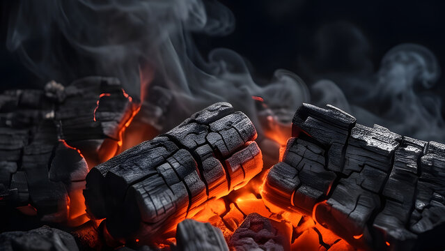 Close up macro photography of glowing hot burning charcoal with smoke and red embers